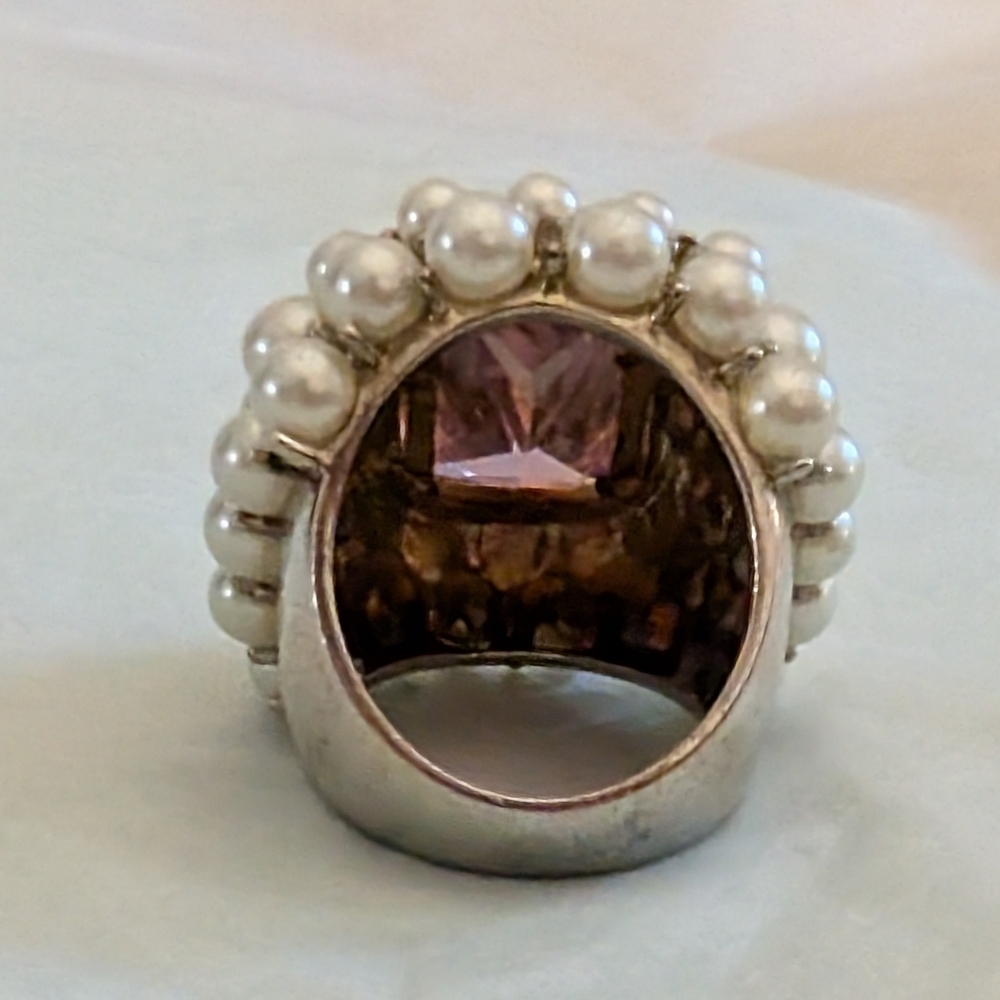 Vintage Y2K Oversized Sterling Silver Pearl Cocktail Ring- Size 5 - Picture 5 of 9